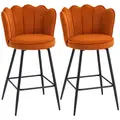 HOMCOM Set of Two Velvet-Feel Lotus Bar Stools - Orange - 1