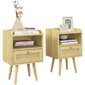HOMCOM Set of Two Rattan Weave Bedside Tables - Wood Effect - 1