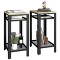 HOMCOM Tall Side Table Set of 2 with 3 Layer, 2 Shelves Storage Display Industrial-Style, Metal Frame, Bedside End Table for Living Room Bedroom, Oak and Black - 1