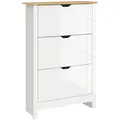 HOMCOM Slim Shoe Cabinet, Narrow Shoe Cupboard with 3 Flip Drawers, Adjustable Shelves for 18 Pairs of Shoes, High Gloss White - 1