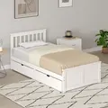 HOMCOM Wooden Single Bed Frame, with Drawers - White - 8