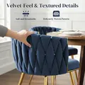 HOMCOM Velvet-Feel Dining Chairs Set of 2, Modern Upholstered Kitchen Chairs with Woven Backrest and Armrests, Metal Legs and Padded Seat for Dining Room, Bedroom, Living Room, Dark Blue - 6