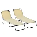 Outsunny 2 Piece Foldable Sun Loungers with 5-Position Adjustable Backrest, Outdoor Portable Recliner Chaise Lounge Chairs with Breathable Mesh Fabric, Beige - 1