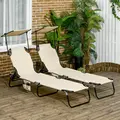 Outsunny 2 Piece Folding Sun Loungers with Canopy, Adjustable Recliner Garden Chairs with Side Pocket, Steel Frame and Breathable Mesh for Outdoor, Pool, Beach, Garden, Tan Brown - 2