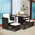 Outsunny 2 Seater Rattan Cube Garden Furniture Set, Rattan Dining Set with Cushions, Outdoor Dining Table and Chairs with 2 Armchairs, 2 Stools, Rectangular Glass Top Table for Patio, Balcony, Brown - 2