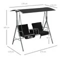 Outsunny 2 Seater Garden Swing Chair Patio Rocking Bench w/ Tilting Canopy, Double Padded Seats, Storage Bag and Tray, Black - 3