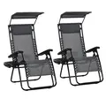 Outsunny 2 Piece Foldable Reclining Garden Chair with Headrest, Zero Gravity Deck Sun Lounger Seat Chair with Footrest, Armrest, Cup Holder & Canopy Shade, Light Grey - 1