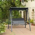 Outsunny 2 Seater Garden Swing Seat Swing Chair, Outdoor Canopy Swing Bench with Adjustable Shade, Metal Frame and Texteline Seat, Dark Grey - 2