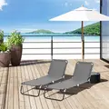 Outsunny 2 Piece Foldable Sun Loungers with 5-Position Adjustable Backrest, Outdoor Portable Recliner Chaise Lounge Chairs with Breathable Mesh Fabric, Grey - 2
