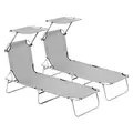 Outsunny 2 Pieces Outdoor Foldable Sun Lounger, 4 Level Adjustable Backrest Reclining Sun Lounger Chair with Angle Adjust Sun Shade Awning for Beach, Garden, Patio, Light Grey - 1