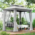 Outsunny 3 Seater Convertible Swing Chair, Outdoor Gazebo Swing Seat Bed with Double Tier Canopy, Cushioned Seat, Mesh Sidewalls, Light Grey - 9