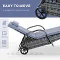 Outsunny 3 Pieces Rattan Sun Loungers, Garden Wicker Wheeling Recliner , PE Rattan Lounge Chairs w/ Cushions & Side Coffee Table Grey - 6