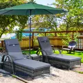 Outsunny 3 Pieces Rattan Sun Loungers, Garden Wicker Wheeling Recliner , PE Rattan Lounge Chairs w/ Cushions & Side Coffee Table Grey - 2
