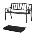 Outsunny 2-Seater Garden Bench with Cushion, Metal Loveseat, Slatted Outdoor Park Chair with Decorative Backrest and Armrest, Black - 1