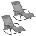 Outsunny 2PCs Outdoor Garden Rocking Chair, Patio Sun Lounger Rocker Chair with Breathable Mesh Fabric, Removable Headrest Pillow, Armrest, Side Storage Bag, Grey - 1