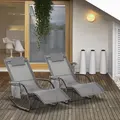 Outsunny 2PCs Outdoor Garden Rocking Chair, Patio Sun Lounger Rocker Chair with Breathable Mesh Fabric, Removable Headrest Pillow, Armrest, Side Storage Bag, Grey - 2