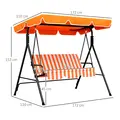 Outsunny 3 Seater Garden Swing Chair, Outdoor Swing Chair with Adjustable Canopy, Mental Frame & Cushions, Orange - 3