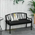 Outsunny 2-Seater Garden Bench with Cushion, Metal Loveseat, Slatted Outdoor Park Chair with Decorative Backrest and Armrest, Black - 2