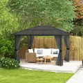 Outsunny 3 x 3.6m Hardtop Gazebo Canopy with Polycarbonate Roof, Aluminium Frame, Permanent Pavilion Garden Gazebo with Netting and Curtains for Patio, Deck, Dark Grey - 2