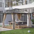 Outsunny 3 x 3.6m Hardtop Gazebo Canopy with Polycarbonate Roof Garden Pavilion with Removable Curtains and Steel Frame, Brown - 2