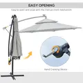 Outsunny 3(m) Cantilever Banana Parasol Hanging Umbrella with Double Roof, LED Solar lights, Crank, 8 Sturdy Ribs and Cross Base for Outdoor, Garden, Patio, Light Grey - 5