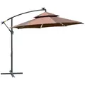 Outsunny 3(m) Cantilever Banana Parasol Hanging Umbrella with Double Roof, LED Solar lights, Crank, 8 Sturdy Ribs and Cross Base for Outdoor, Garden, Patio, Coffee - 1