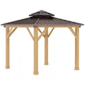 Outsunny 3x(3)M Outdoor Hardtop Gazebo Canopy with 2-Tier Roof and Solid Wood Frame, Outdoor Patio Shelter for Patio, Garden, Brown - 1