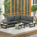 Outsunny 4 Seater L Shaped Aluminium Sectional Garden Furniture Set with 2 Loveseats and Wood-Plastic Coffee Table - Dark Grey - 9