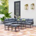 Outsunny 6 Piece Rattan Garden Furniture Set, 8 Seater Garden Corner Sofa with Cushions and Glass Top Table, Sectional Outdoor Furniture Conservatory Set for Patio, Charcoal Grey - 2