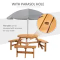 Outsunny 6 Seater Wooden Picnic Table and Garden Benches Set, Round Garden Dining Set with 3 Benches and Umbrella Hole Outdoor Garden Park, Brownish Red - 4