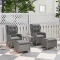 Outsunny 5 Pieces Rattan Bistro Set with Adjustable Back, Reclining Wicker Balcony Furniture with Cushions, Glass Top Coffee Table and Footstools, Outdoor Table and Chairs, Light Grey - 2
