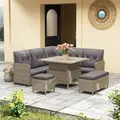 Outsunny 6 Pieces Outdoor PE Rattan Garden Furniture, Patio Wicker Sectional Conversation Corner Sofa w/ Soft Padded Cushion & Liftable Coffee Table, Light Grey - 2