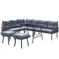 Outsunny 6 Piece Rattan Garden Furniture Set, 8 Seater Garden Corner Sofa with Cushions and Glass Top Table, Sectional Outdoor Furniture Conservatory Set for Patio, Charcoal Grey - 1