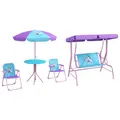 Outsunny 4PCs Kids Garden Furniture Set w/ 2 Seater Garden Swing Chair with Adjustable Canopy, Childrens Table and Chair Set with Parasol, for Toddler Girls 3-6 Years Old - 1