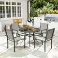 Outsunny 5 Piece Garden Furniture Set, Garden Dining Set with Round Table and 4 Stackable Chairs, Steel Frame, for Outdoor, Patio, Terraces, Dark Grey - 2