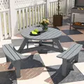 Outsunny 6 Seater Wooden Picnic Table and Garden Benches Set, Round Garden Dining Set with 3 Benches and Umbrella Hole Outdoor Garden Park, Grey - 9