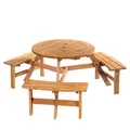 Outsunny 6 Seater Wooden Picnic Table and Garden Benches Set, Round Garden Dining Set with 3 Benches and Umbrella Hole Outdoor Garden Park, Brownish Red - 1