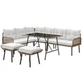Outsunny 6 Piece Rattan Garden Furniture Set, 8 Seater Garden Corner Sofa with Cushions and Glass Top Table, Sectional Outdoor Furniture Conservatory Set for Patio, Cream White - 1