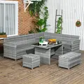 Outsunny 5-Piece Rattan Patio Furniture Set with Corner Sofa, Footstools, Glass Coffee Table, Cushions, Mixed Grey - 8