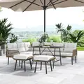 Outsunny 6 Piece Rattan Garden Furniture Set, 8 Seater Garden Corner Sofa with Cushions and Glass Top Table, Sectional Outdoor Furniture Conservatory Set for Patio, Cream White - 8