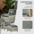 Outsunny 5 Pieces Rattan Bistro Set with Adjustable Back, Reclining Wicker Balcony Furniture with Cushions, Glass Top Coffee Table and Footstools, Outdoor Table and Chairs, Grey - 5