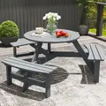 Outsunny 6 Seater Wooden Picnic Table and Garden Benches Set, Round Garden Dining Set with 3 Benches and Umbrella Hole Outdoor Garden Park, Grey - 8