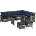 Outsunny 7-Seater Patio wicker Sofa Set Rattan Chair Furniture w/ Glass & Cushioned, Dark Blue - 1