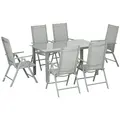 Outsunny 7 Piece Garden Dining Set, Outdoor Table and 6 Folding and Reclining Chairs, Aluminium Frame, Tempered Glass Top Table, Texteline Seats, Grey - 1