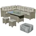 Outsunny 8-Seater Outdoor PE Rattan Sofa Set Conversation Set w/ Fire Pit Table, L-Shape Sofa, Footstool and Furniture Cover - 1