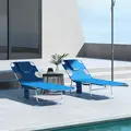 Outsunny Foldable Sun Lounger Set of 2 with Reading Hole, Portable Sun Lounger with 5 Level Adjustable Backrest, Reclining Lounge Chair with Side Pocket, Headrest Pillow, Blue - 2