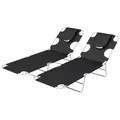 Outsunny Foldable Sun Lounger Set of 2, Beach Chaise Lounges with Reading Hole, Arm Slots, 5-Position Adjustable Backrest, Side Pocket, Pillow for Patio, Garden, Beach, Pool, Black - 1