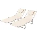 Outsunny Foldable Sun Lounger Set of 2, Beach Chaise Lounges with Reading Hole, Arm Slots, 5-Position Adjustable Backrest, Side Pocket, Pillow for Patio, Garden, Beach, Pool, Beige - 1