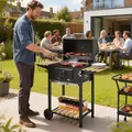 Outsunny Charcoal BBQ Grill with Height Adjustable Charcoal Pan, Barbecue Smoker with Warming Rack, 3 Shelves, Temperature Gauge, Wheels, Bottle Opener for Outdoor Cooking Garden Party - 2