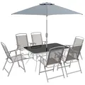 Outsunny Eight-Piece Garden Dining Set, with Chairs, Table and Parasol - Grey - 1